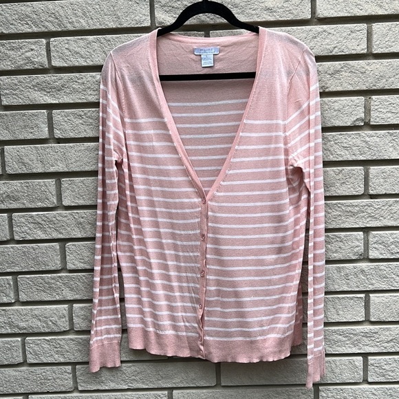 Pure Alfred Sung Lightweight Pink and White Striped Cardigan Sz L - Picture 4 of 10